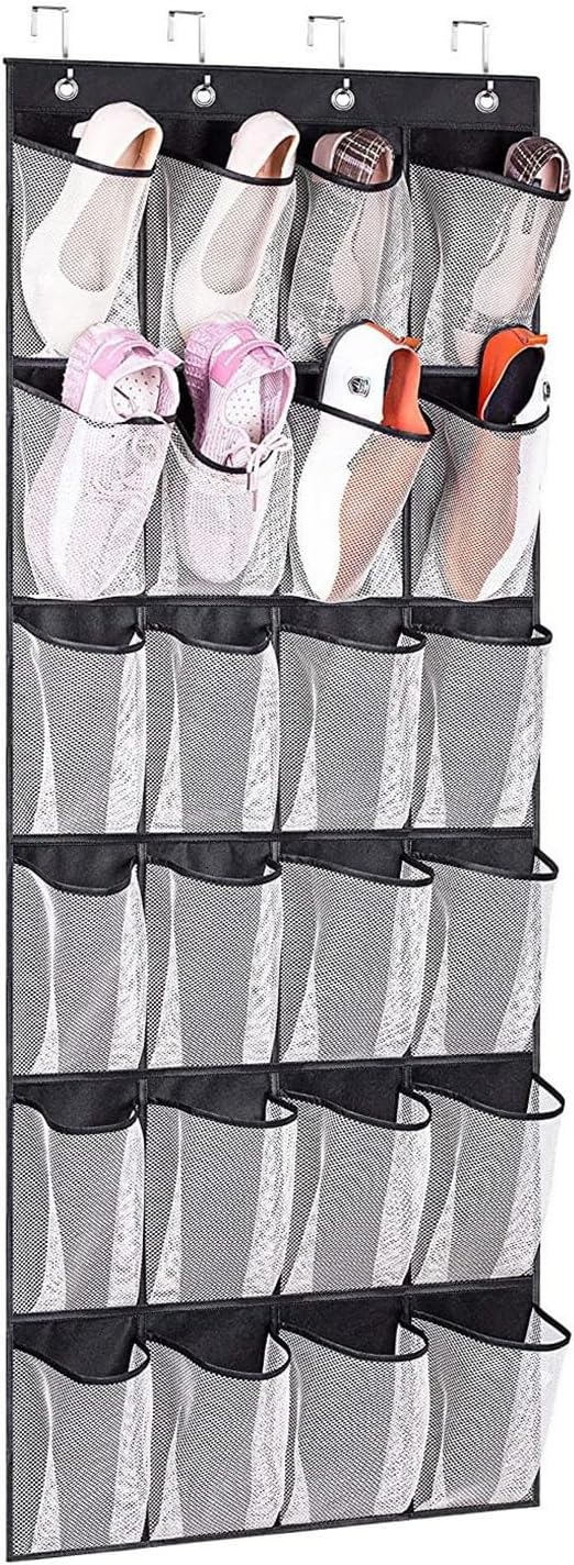 Shoe Rack For Closet Front Door Entrance Entryway Cabinet Hanging Organizer,Shoe Organizers Over The Door Bedroom Bathroom Space Saving Portable Clear 28 Pocket Mesh Breathable Hanger(Black White)