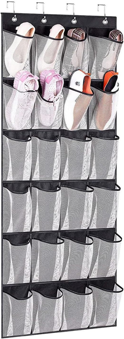 Shoe Rack For Closet Front Door Entrance Entryway Cabinet Hanging Organizer,Shoe Organizers Over The Door Bedroom Bathroom Space Saving Portable Clear 28 Pocket Mesh Breathable Hanger(Black White)