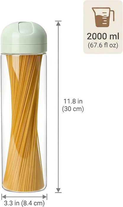 Glass Spaghetti Storage Jar with Twist & Pour Measuring Lid, 67 oz Tall Pasta Container, Borosilicate Glass Food Canister for Pantry Organization (Green)