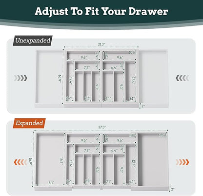 Silverware Organizer Large, Magnetic Connected Expandable 13 Slots Silverware Drawer Organizer from 21 to 37.4 Inches, Adjustable Flatware and Cutlery Holder, Bamboo Utensil Tray for Kitchen White