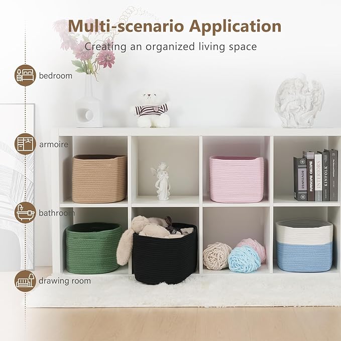 ECDYQXVU Cotton Rope Storage Basket, 15x10x9 Inches, Woven Basket for Shelves, Clothes, Towels, Books, and Laundry, White Blue (3 Pack)