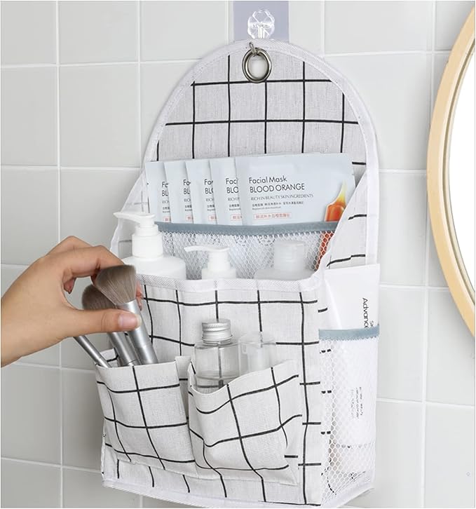 FuninCrea Wall Hanging Storage Bag, Black and White Checkered Linen Organizer Wall Mounted Punch-Free Over The Door Storage Pouch with 6 Storage Pockets and 1 Hanging Hook (White)