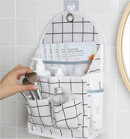 FuninCrea Wall Hanging Storage Bag, Black and White Checkered Linen Organizer Wall Mounted Punch-Free Over The Door Storage Pouch with 6 Storage Pockets and 1 Hanging Hook (White)