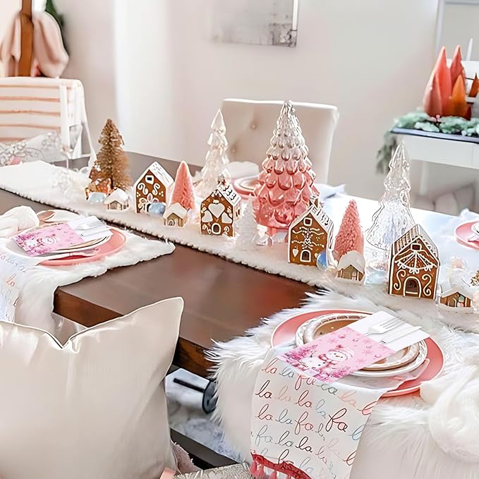 50pcs Winter Christmas Utensil Holder Pockets Pink Flatware Tableware Holder Bags Disposable Knifes Forks Silverware Bags for Christmas Party Table Decor Supplies