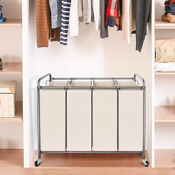 STO STO Laundry Sorter 4 Section, 4 Bag Clothes Hamper, Rolling Laundry Cart Basket with Heavy Duty Lockable Wheels and Removable Bag for Laundry Room, Bedroom, Closet, Beige