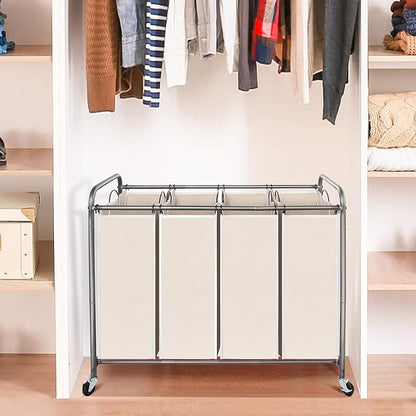 STO STO Laundry Sorter 4 Section, 4 Bag Clothes Hamper, Rolling Laundry Cart Basket with Heavy Duty Lockable Wheels and Removable Bag for Laundry Room, Bedroom, Closet, Beige