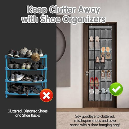 Kotkn 28 Compartment Over the Door Shoe Organizer, Breathable Mesh Large Shoe Rack for Closet Storage, Space Saving Hanging Shoe Holder with Reinforced Hooks (Fits Men & Women,Gray-01)