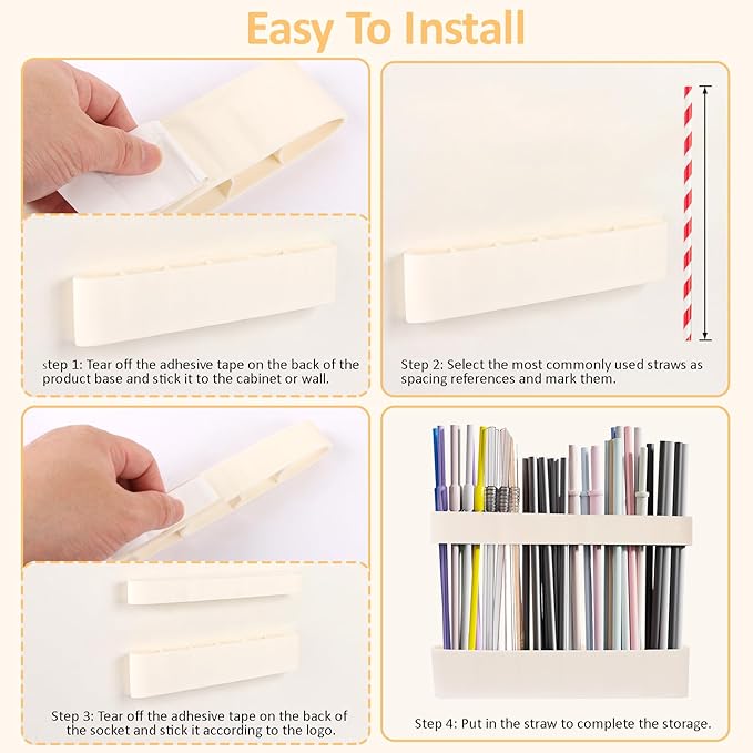 Strong Adhesive Backing Straw Storage Box, Split Type Silicone Straws Dispenser Adjustable Height Straw Holder for Cabinet (White)