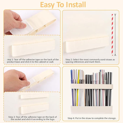 Strong Adhesive Backing Straw Storage Box, Split Type Silicone Straws Dispenser Adjustable Height Straw Holder for Cabinet (White)