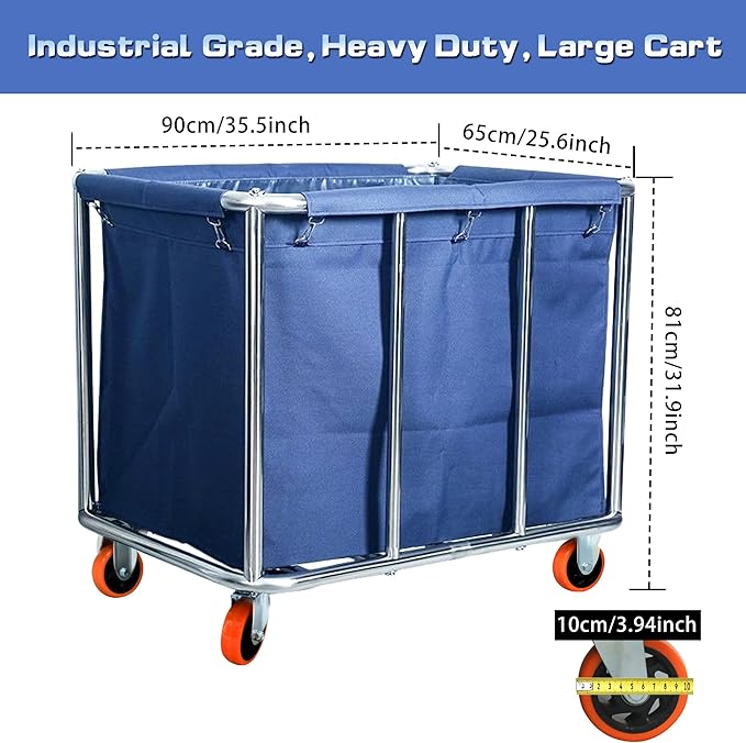 Commercial Laundry Cart with Wheels, 470L Large Capacity Heavy Duty Stainless Laundry Basket,Laundry Sorter for Clothes Storage,400 lbs Load (Blue)