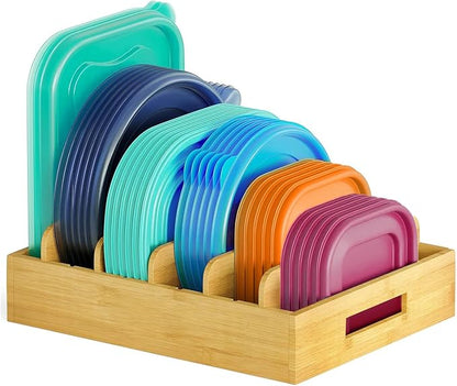 Bamboo Lid Organizer, Plastic Lid Organizer Cabinet, Food Container Lid with 5 Adjustable Dividers for Kitchen Drawer