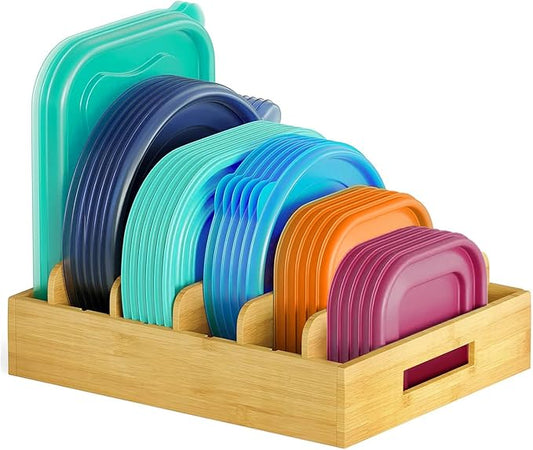 Bamboo Lid Organizer, Plastic Lid Organizer Cabinet, Food Container Lid with 5 Adjustable Dividers for Kitchen Drawer