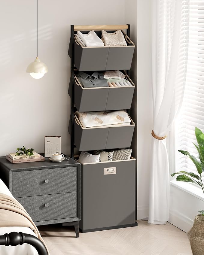 SOLEDI 4 Section Laundry Hamper Sorter, Stackable Laundry Basket Organizer with Removable Basket, 125L 4-Tier Vertical Laundry Sorter for Small Space, Laundry Room, Dorm, Bathroom, Wardrobe Grey