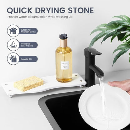Water Absorbing Stone Tray for Sink,Quick Drying Diatomaceous Earth Coasters Sink Caddy Organizer,Soap Dish Holder & Toothbrush Holder for Bathroom Counter， Toiletries（White, 11.8" x 4.33"）