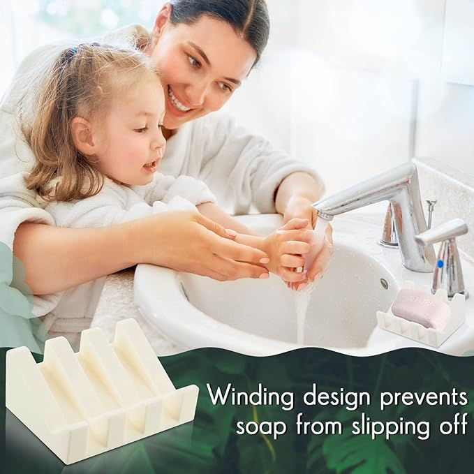 Cunhill 2 Pieces Silicone Soap Dish Self Draining Soap Dish Shower Waterfall Bar Soap Holder Tray with Drain Soap Saver for Kitchen Bathroom Accessories (Black,Cream White)