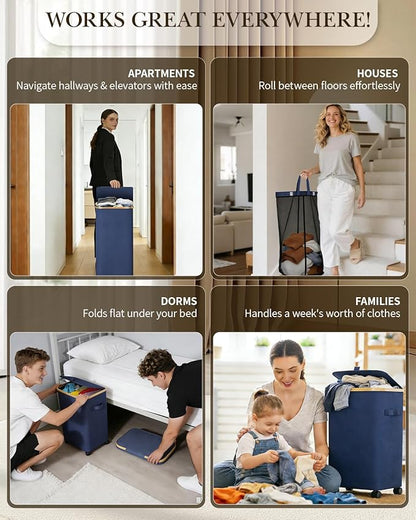 Laundry Hamper with Wheels, 110L Large Clothes Hamper with Removable Inner Bag, Collapsible Dirty Clothes Basket for Dorm, Rolling Dirty Clothes Basket for, Bedroom, Bathroom, Laundry Room
