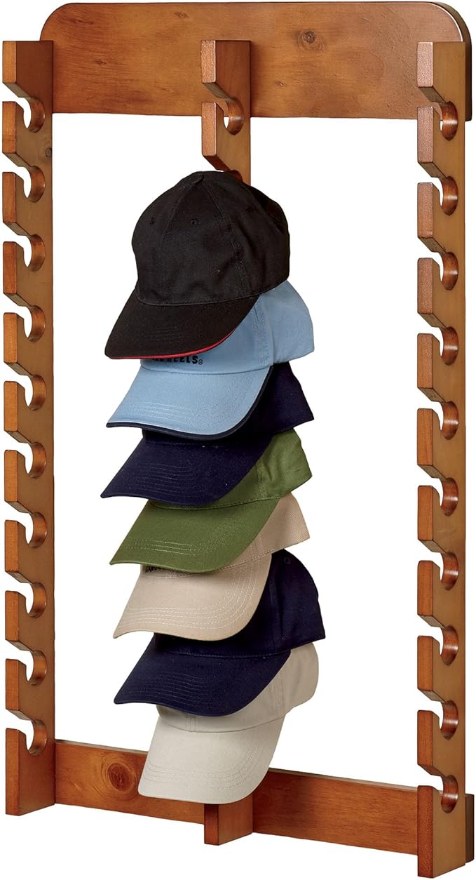 Touch of Class Wooden Ball Cap Display Wall Rack - Windsor Oak - Triple, 30 Slots - Baseball Hat Display - Made of Wood - Class Racks for Hats - Organizer for Bedroom, Living Room, Entryway