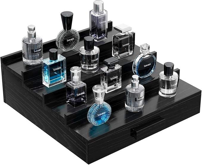 Walnut Wood Cologne Organizer for Men,4 Tier Cologne Stand,Perfume Stand Organizer,Cologne Shelf Display Holder with Hidden Storage and Drawer,Great Gift for Men,Black
