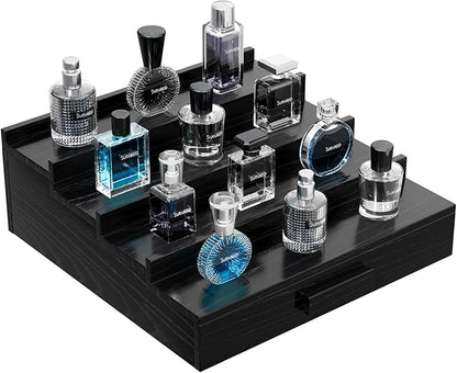 Walnut Wood Cologne Organizer for Men,4 Tier Cologne Stand,Perfume Stand Organizer,Cologne Shelf Display Holder with Hidden Storage and Drawer,Great Gift for Men,Black