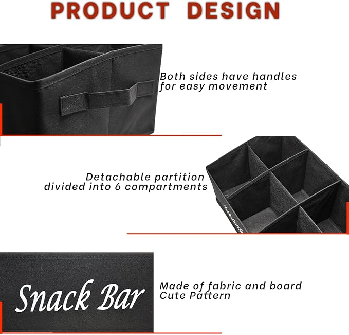 Snack Bar Organizer for Countertop,Black Fabric Snack Basket with Handles,6 Compartment Open Top Snack Bin for Kitchen Counter,Pantry,Snacks & Party Treats