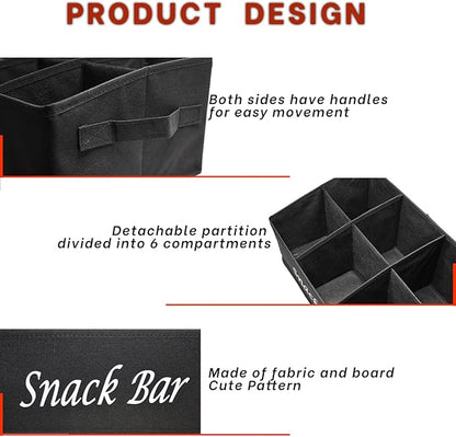 Snack Bar Organizer for Countertop,Black Fabric Snack Basket with Handles,6 Compartment Open Top Snack Bin for Kitchen Counter,Pantry,Snacks & Party Treats