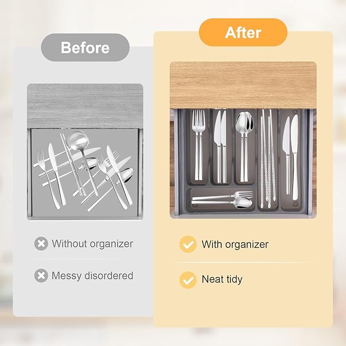Silverware Organizer with Lid,Plastic Utensil Drawer Organizer,Covered Storage Box Flatware Cutlery Drawer Organizer,Utensil Organizer for Kitchen Drawers,Silverware Tray (Gray)