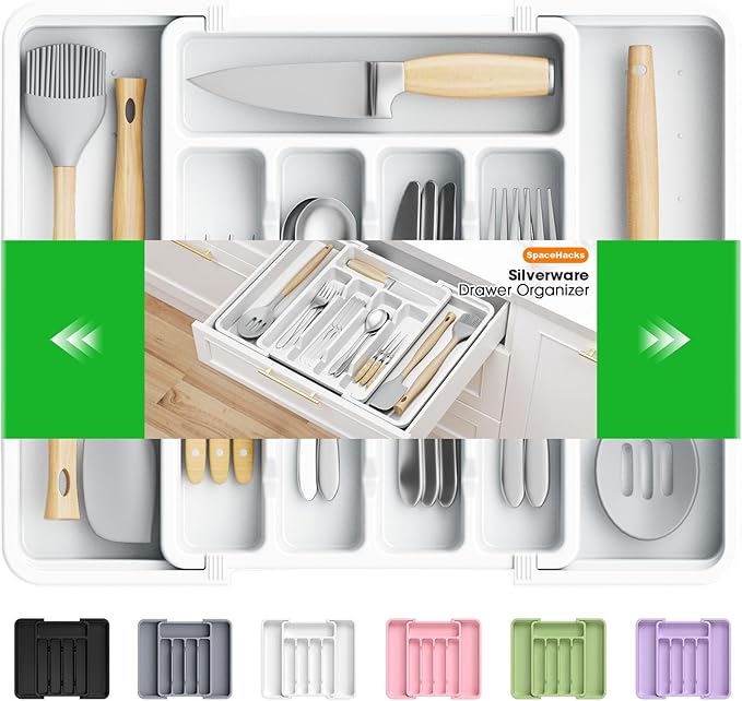 SpaceHacks Silverware Organizer，Adjustable & Expandable Utensil Drawer Organizer, BPA Free Utensil Holder, Cutlery Tray for Forks, Spoons, Knives in Kitchen, Medium, White