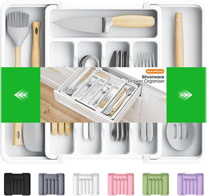 SpaceHacks Silverware Organizer，Adjustable & Expandable Utensil Drawer Organizer, BPA Free Utensil Holder, Cutlery Tray for Forks, Spoons, Knives in Kitchen, Medium, White