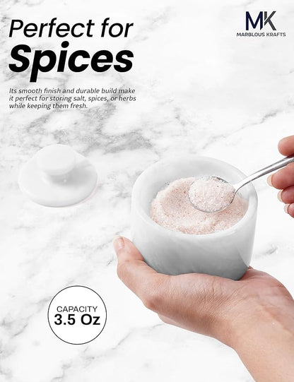 MARBLOUS KRAFTS Marble Salt Cellar with Lid & Spoon 3" White Small Flaky Salt Container, Seasoning Jar, Spice Storage Countertop, Ideal For Salt Box, Sugar Jar Kitchen Décor, Gift for Mom