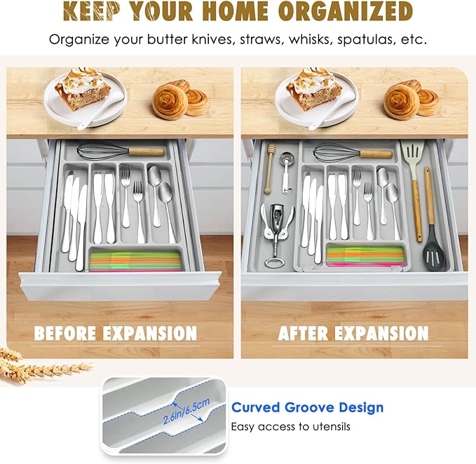 FANCILLA Heavy Duty Silverware Organizer for Kitchen Drawer & Utensils - Wheat Straw Large Adjustable Utensil Drawer Organizer, BPA-Free Flatware Tray, Dishwasher Safe, 6-8 Wider Slots (Gray)