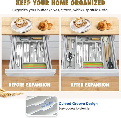 FANCILLA Heavy Duty Silverware Organizer for Kitchen Drawer & Utensils - Wheat Straw Large Adjustable Utensil Drawer Organizer, BPA-Free Flatware Tray, Dishwasher Safe, 6-8 Wider Slots (Gray)