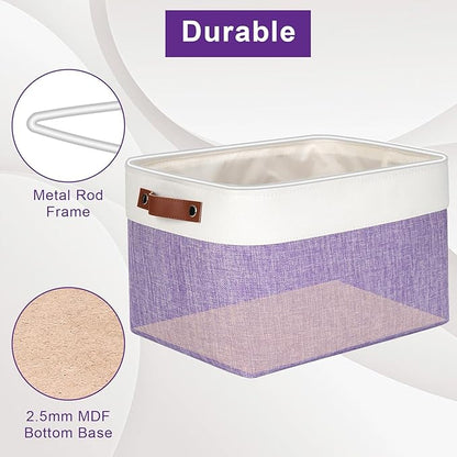 Bagnizer Storage Bins Large Fabric Storage Baskets for Shelves 3 Pack, Decorative Linen Closet Baskets with Handles for Organizing, Shelf, Clothes, Home, Office, 15x11x9.5Inches (Purple&White)