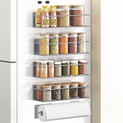 Magnetic Spice Rack For Refrigerator, Space Saving Magnetic Shelf For Fridge Grey 4 Pack With Magnetic Paper Towel Holder