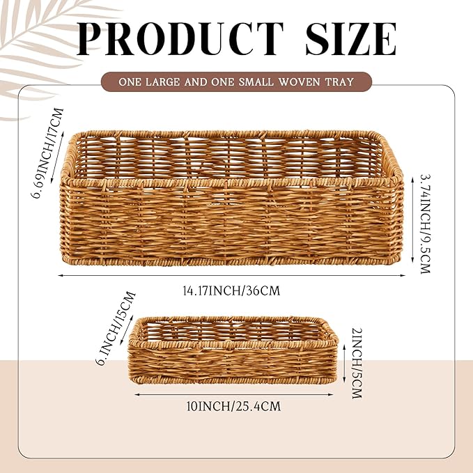 Teenyyou 2 Pcs Toilet Paper Basket for Back of Toilet Wicker Anti-Vine Basket Topper and Vanity Tray Set with Built-in Handles for Paper Hand Towel, Bathroom, Home, Spa(Dark Brown)