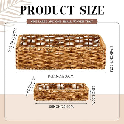 Teenyyou 2 Pcs Toilet Paper Basket for Back of Toilet Wicker Anti-Vine Basket Topper and Vanity Tray Set with Built-in Handles for Paper Hand Towel, Bathroom, Home, Spa(Dark Brown)