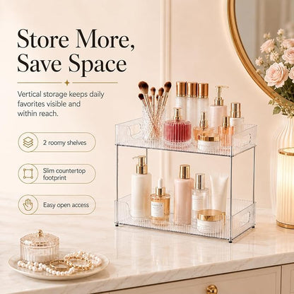Goderewild 2-Tier Bathroom Counter Organizer, Multi-Purpose Cosmetics Skincare Shelf, Fits A4 Size Makeup Organizer for Office and Vanity Tray, Countertop Storage Solution for Kitchen,Bath.(Clear)