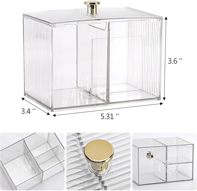 Tbestmax Qtip Holder Dispenser 3-Section Clear Bathroom Container Organizer 3 Grids Cotton Swab/Pad/Ball Holder Container Cosmetics Storage for Vanity