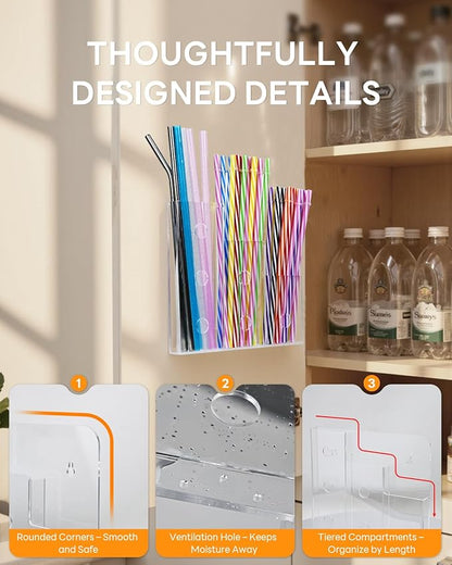 9" Straw Holder for Cabinet Door–Acrylic Straw Organizer with Height Dividers, Wall Mounted Kitchen Accessories Container Storage Inside Cupboard Cabinet Door, Easy Install with Adhesive Strips