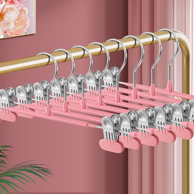 14Inch Clothes Pants Hangers with Wide Clips 10 Pack,Non-Slip Adjustable Skirt Hanger for Women,Space-Saving Heavy Duty Men Hangers for Pants,Trousers,Jeans,Shorts,Pink