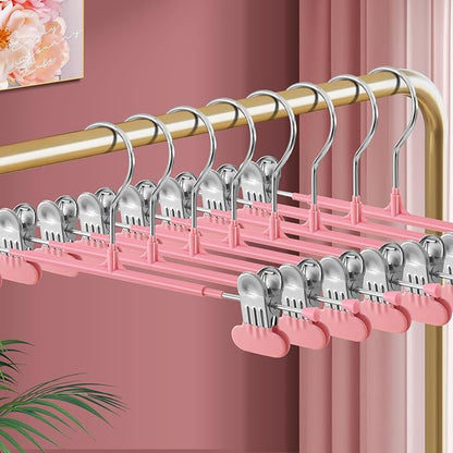 14Inch Clothes Pants Hangers with Wide Clips 10 Pack,Non-Slip Adjustable Skirt Hanger for Women,Space-Saving Heavy Duty Men Hangers for Pants,Trousers,Jeans,Shorts,Pink