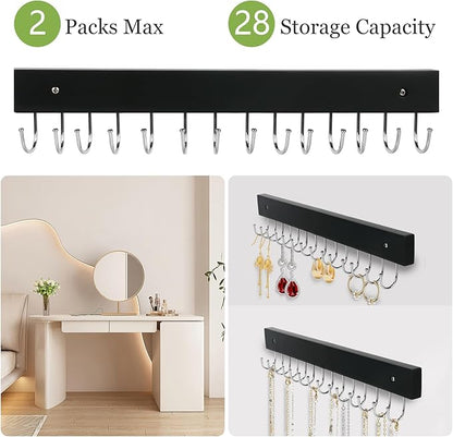 Necklace Holder Wall Mounted Jewelry Organizer - 2 Pack Wooden with 28 Hooks, Hanging Earring & Ring Bracelet Storage, Decorative Space-Saving Jewelry Display (Black)
