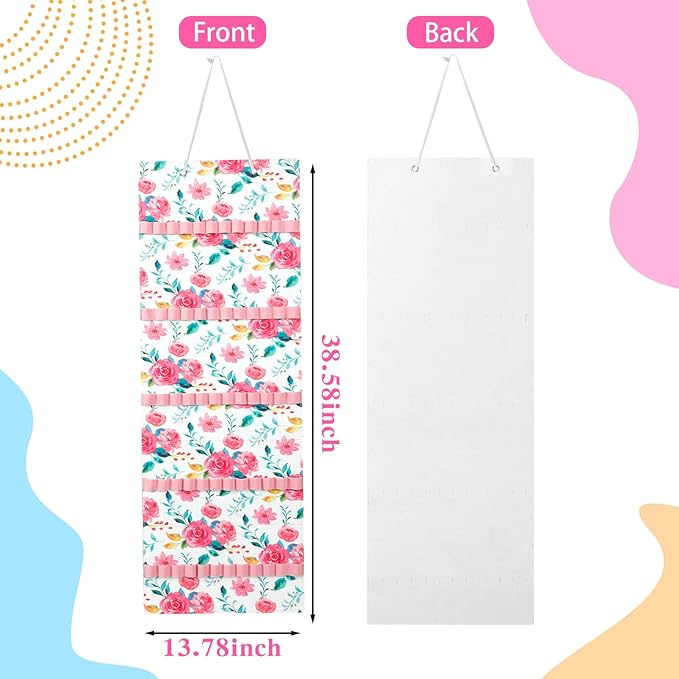 Tudomro Hanging Headband Holder for Girls Felt Hair Accessories Organizer with 60 Elastic Bands Bow Hanger for Girls Hair Bows Without Headbands(Pink, Green,Floral)