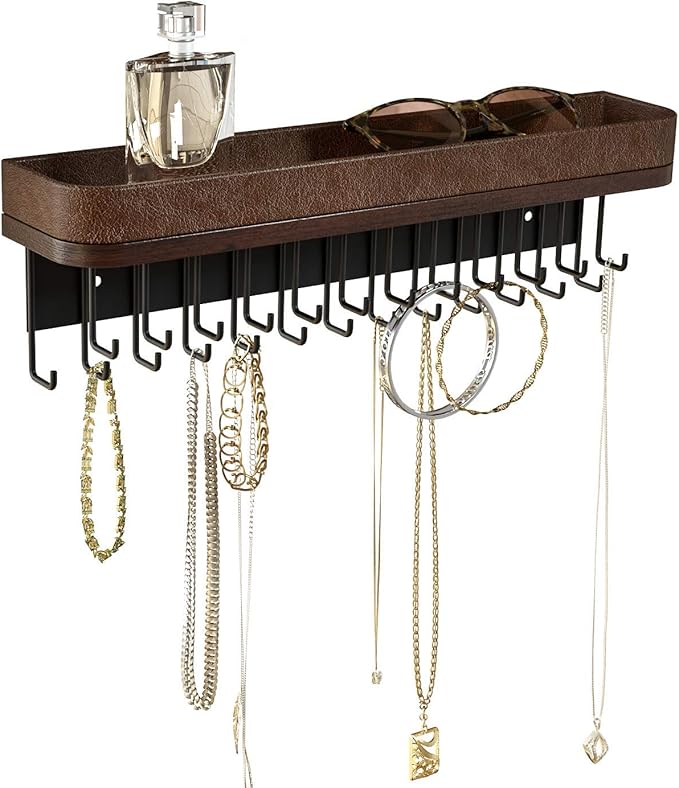 J JACKCUBE DESIGN Necklace Holder Wall Mounted Jewelry Organizer for Bracelet, Earrings and Rings with 25 Hooks - Room Decor Bedroom Boho Shelf Rack (Brown) - MK124A