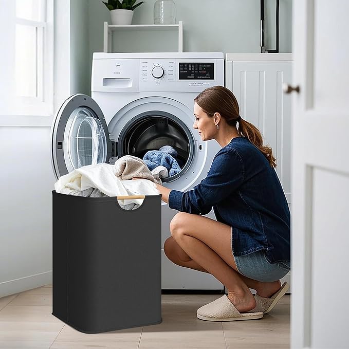STORAGE MANIAC 2-Pack Large Laundry Hamper, 100L (26.4 Gal) Collapsible Laundry Basket with Bamboo Handles, Freestanding Waterproof Clothes Hamper for Laundry Room, Bedroom, Dorm, Towels, Toys, Black
