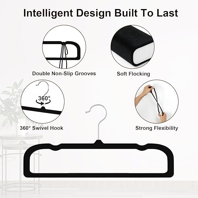 60 Pack Black Velvet Pants Hangers, Flocked Pants Hangers, Felt Clothes Hanger Heavy Duty Non Slip, Space-Saving Clothing Hanger with 360 Swivel Hook for Coat Jeans Shorts Skirts Tank Top