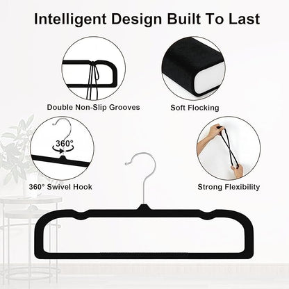 10 Pack Black Velvet Pants Hangers, Felt Plastic Hangers for Space Saving, Flocked Clothing Hanger Heavy Duty Non Slip with 360 Swivel Hook for Coat Jeans Shorts Skirts Tank Top
