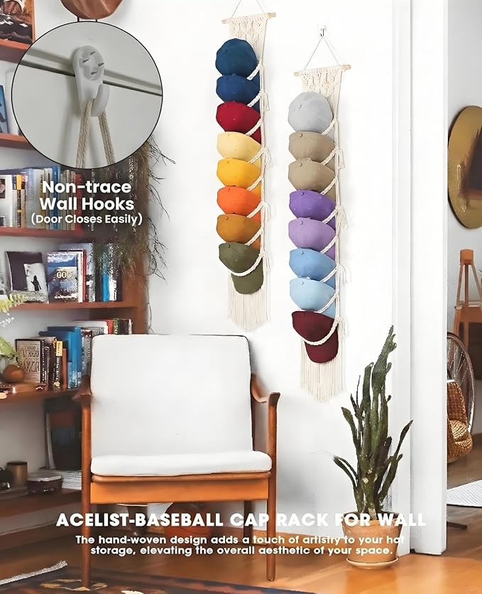 AceList 2-Pack Hat Organizer for Baseball Caps (Up To Holds 32) - Boho Wall Hanging Hat Rack & Over Door Cap Holder - Handmade Cotton Woven Storage Display for Men, Women, Room Decor
