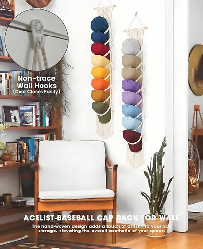 AceList 2-Pack Hat Organizer for Baseball Caps (Up To Holds 32) - Boho Wall Hanging Hat Rack & Over Door Cap Holder - Handmade Cotton Woven Storage Display for Men, Women, Room Decor