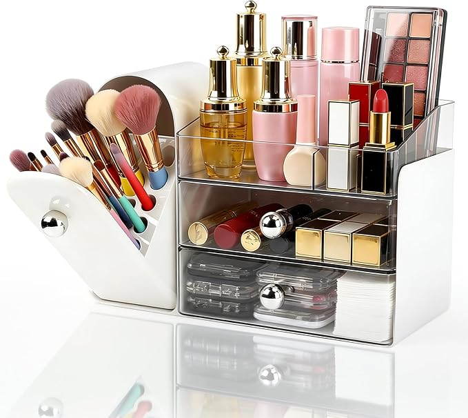 Makeup Organizer with Makeup Brush Holder, Vanity Organizer Large Cosmetic Display Cases, Skincare Organizers and Bathroom Countertop Organizer, Gifts for Women (White)