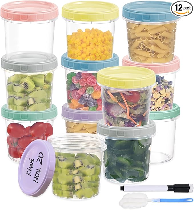 Yomarket 12pcs 16 oz Plastic Deli Containers with Screw Lids, Small Freezer Container Reusable 2 Cup Food Storage Container with Pen & Brush for Snack Salad Fruit, Microwave & Dishwasher Safe BPA Free